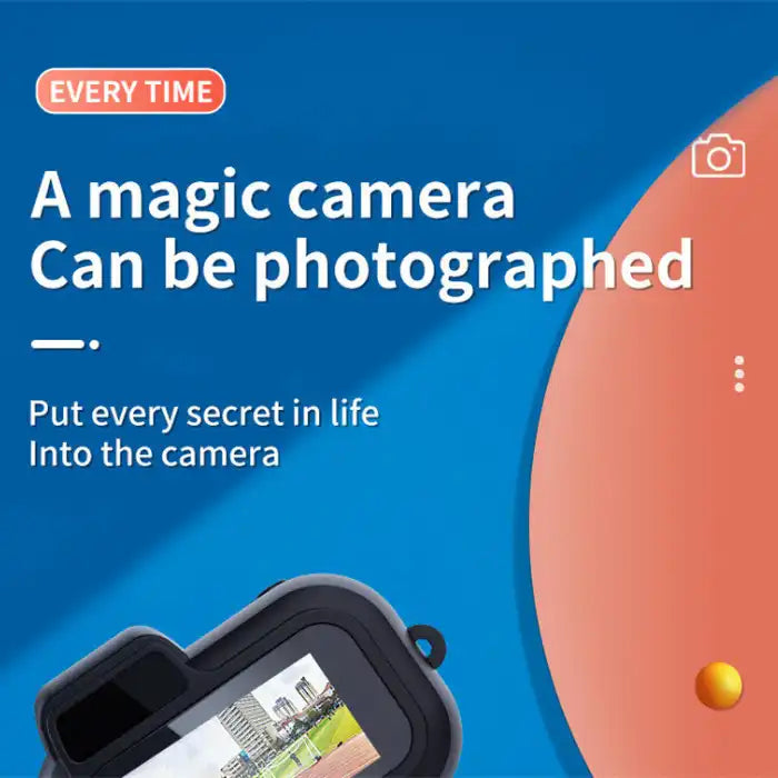 Retro Mini Camera positioned on blue with text about capturing everyday moments and hidden life secrets.