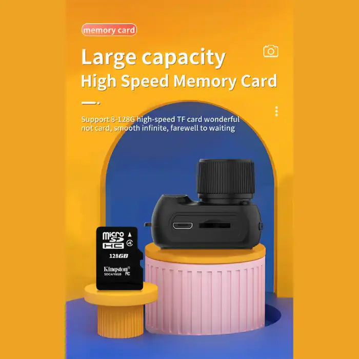  Retro Mini Camera with memory card slot supporting 128GB TF card, displayed with bold orange background.