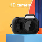  Retro Mini Camera on colorful platform with prominent lens and modern flash design against yellow backdrop.