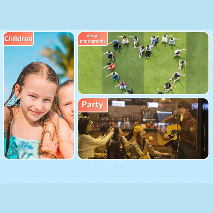 Retro Mini Camera ideal for children, party, and aerial shots shown through lifestyle scene collage.