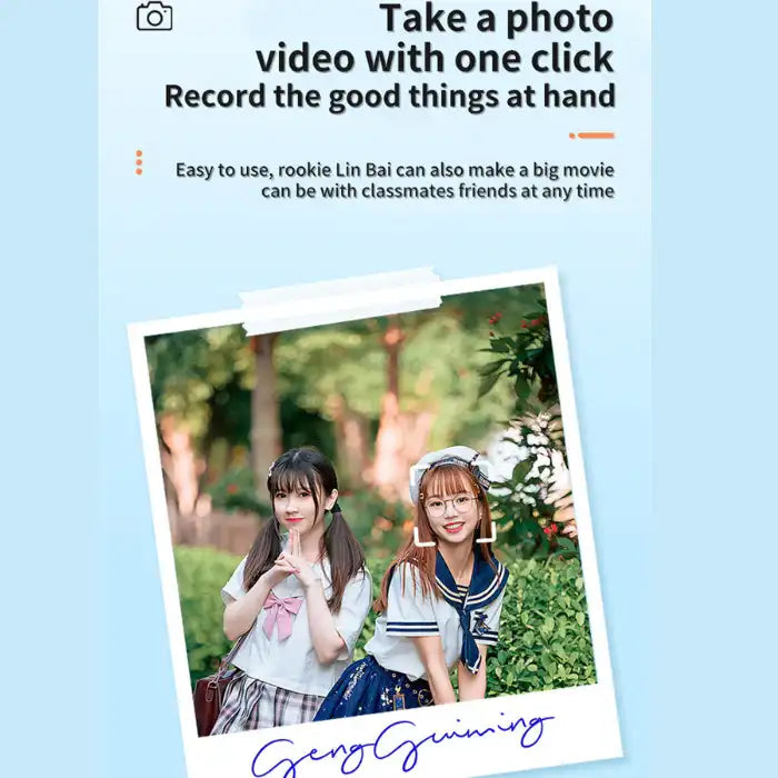  Retro Mini Camera advertisement showing two girls in school uniforms with polaroid-style frame design