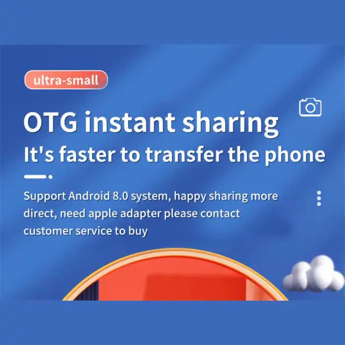Retro Mini Camera with OTG instant sharing feature details for Android and Apple compatibility.