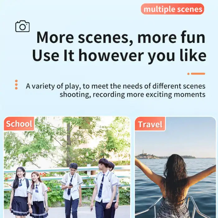 Retro Mini Camera shown in use during school and travel moments, emphasizing fun and versatility.