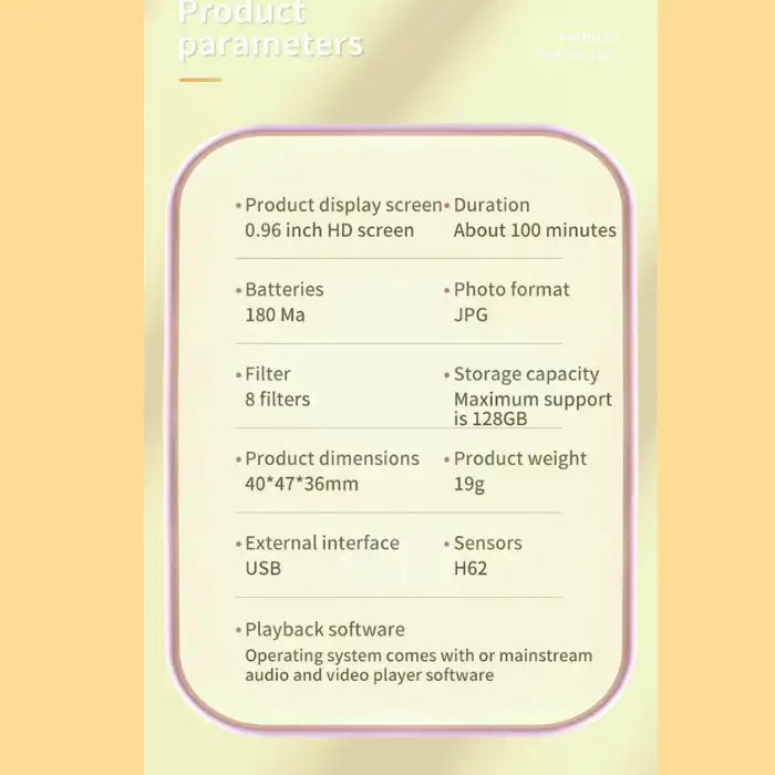  Retro Mini Camera product specifications with screen size, battery, dimensions, and filter info.