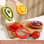 reusable fruit vegetable storage containers displaying avocado, lemon, tomato and onion holders on wooden cutting board