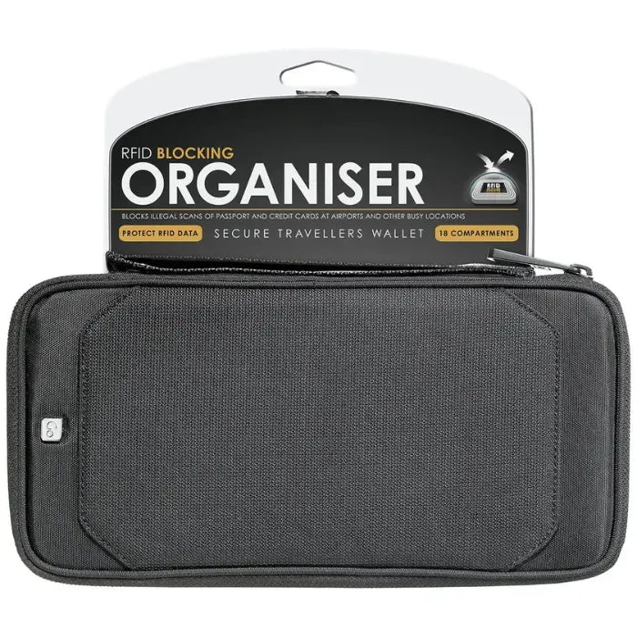 RFID blocking organizer wallet packaging showing secure traveler features with 18 compartments for document protection.