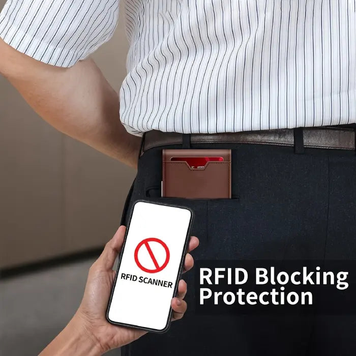 RFID leather wallet in back pocket blocks scanners for security, shown with phone reader.