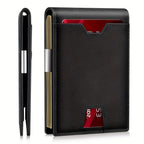 RFID leather wallet in black minimalist design, showing card slot and slim money-holding edge.