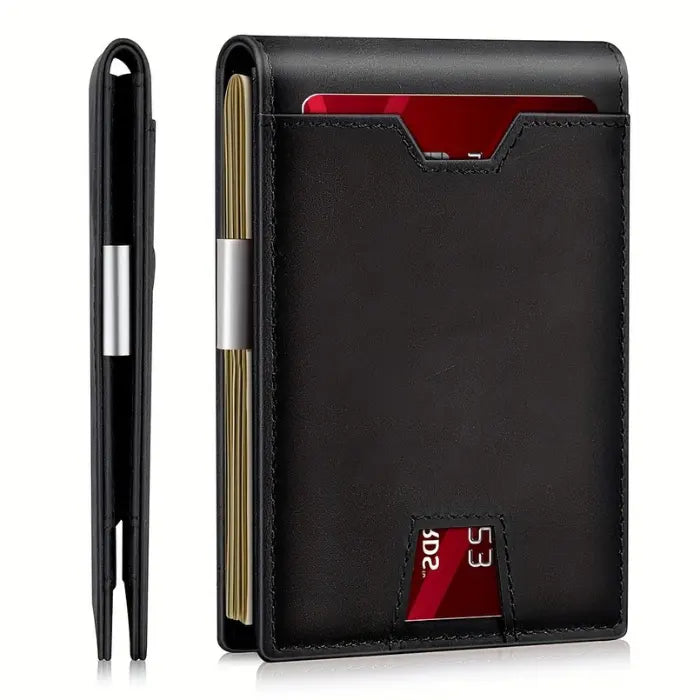 RFID leather wallet in black minimalist design, showing card slot and slim money-holding edge.