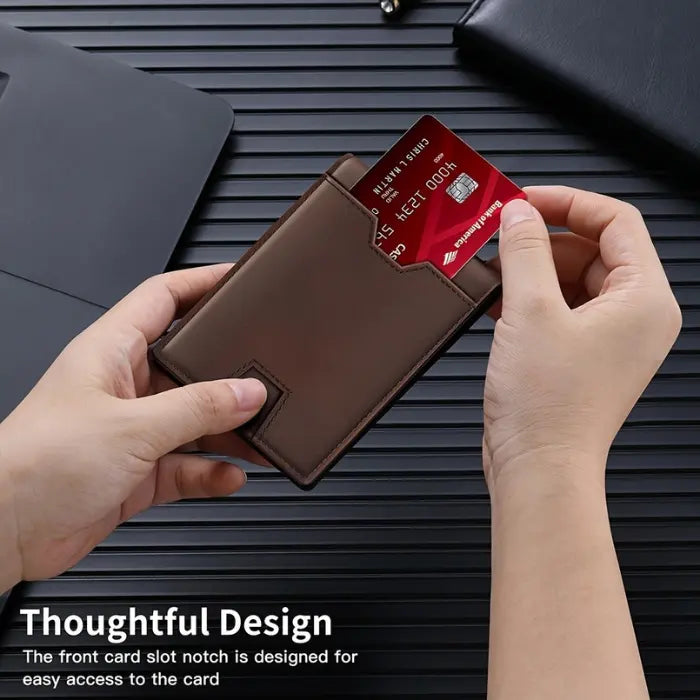 RFID leather wallet with easy-access front card slot being used by hands on black desk.