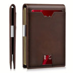 RFID leather wallet in dark brown with slim profile, front card slot, and side cash clip view.