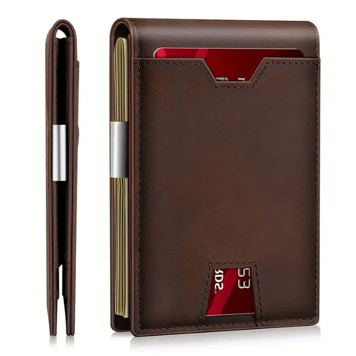 RFID leather wallet in dark brown with slim profile, front card slot, and side cash clip view.