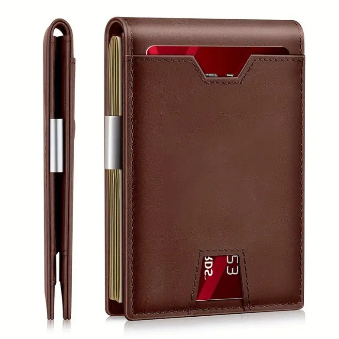 RFID leather wallet in light brown with slim design and visible front and side views.