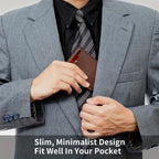 RFID leather wallet being placed into suit pocket, showing slim and professional design.