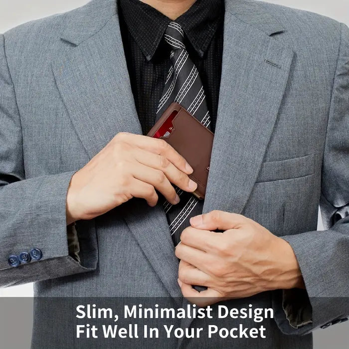 RFID leather wallet being placed into suit pocket, showing slim and professional design.