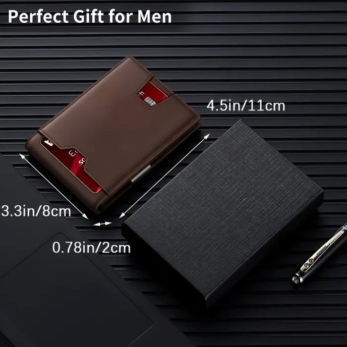 RFID leather wallet next to gift box, showing dimensions and ideal gift idea for men.
