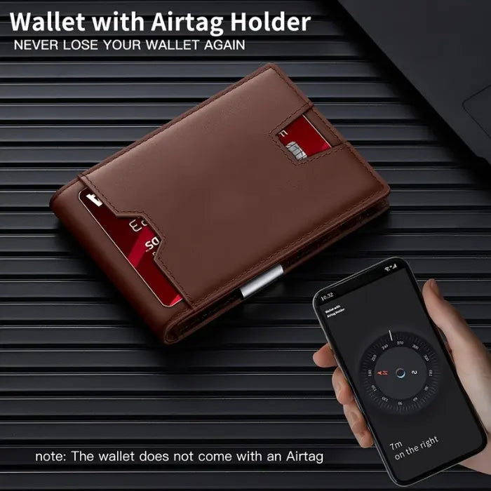 RFID leather wallet with built-in AirTag holder, paired with phone tracker app.