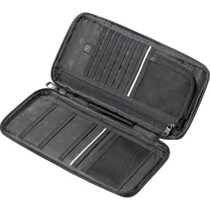 RFID-protected travel wallet shows multiple card slots and compartments for secure document organization while traveling