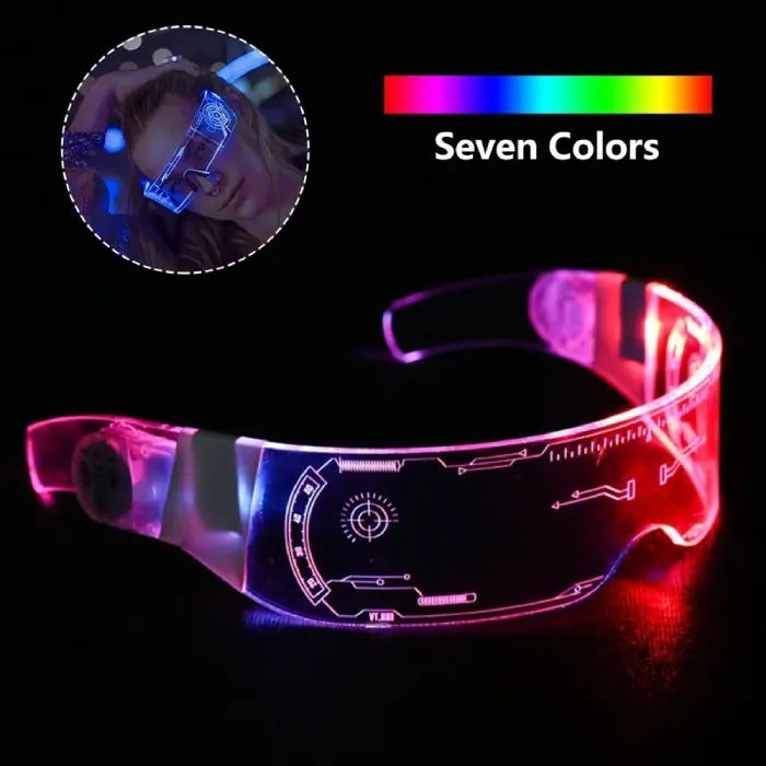 Glowing LED glasses with a sci-fi design, showing red and blue color options for parties or festivals.