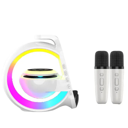 Circular RGB speaker with colorful lighting and two white USB microphones, perfect for streaming setups