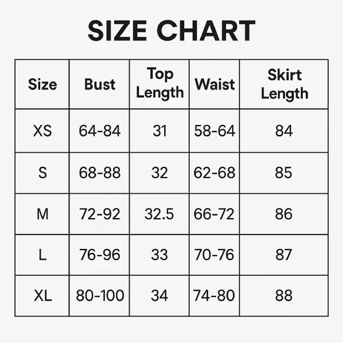 Size charge showing sizes from XS to XL for asymmetrical cut maxi set