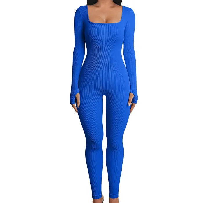 Ribbed knit jumpsuit product image in bold blue, highlighting the stretch one-piece outfit with clean front view for clear shopping detail