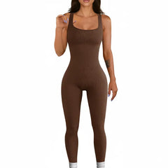 Brown ribbed knit jumpsuit featuring a sleeveless, form-hugging silhouette.
