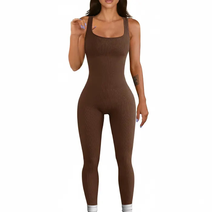 Brown ribbed knit jumpsuit featuring a sleeveless, form-hugging silhouette.