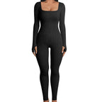 Ribbed knit jumpsuit in classic black shown front-facing, featuring a sleek one-piece outfit ideal for versatile styling and everyday comfort