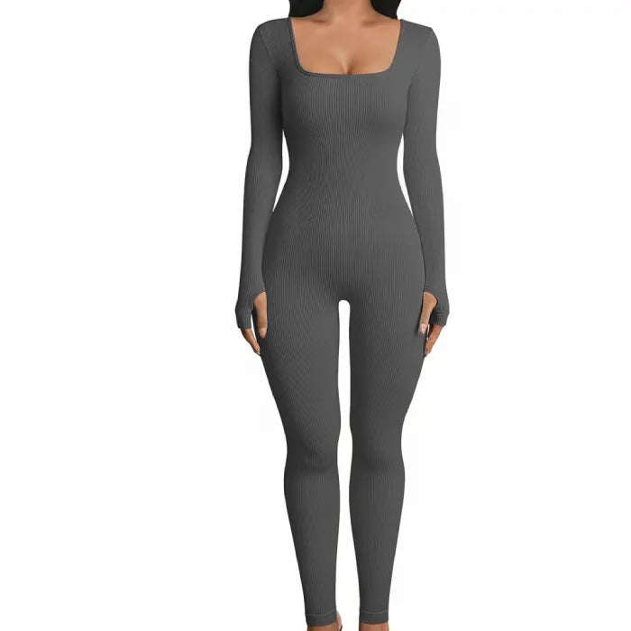 Ribbed knit jumpsuit product display in classic grey shown from the front, featuring streamlined one-piece outfit ideal for versatile styling
