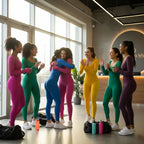 Ribbed knit jumpsuit group in colorful activewear celebrating together, showcasing stretch one-piece outfit style for uplifting fitness moments