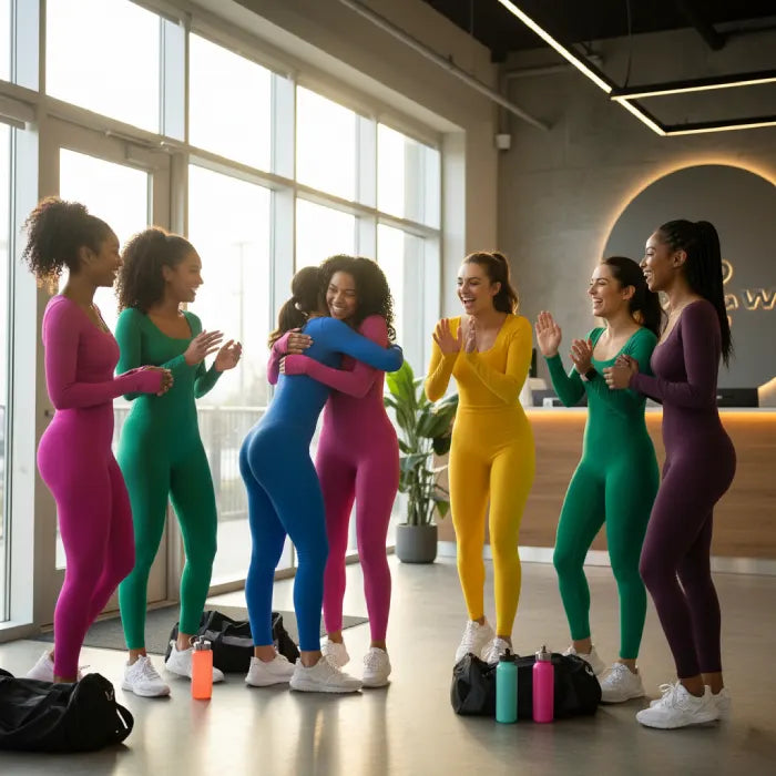 Ribbed knit jumpsuit group in colorful activewear celebrating together, showcasing stretch one-piece outfit style for uplifting fitness moments