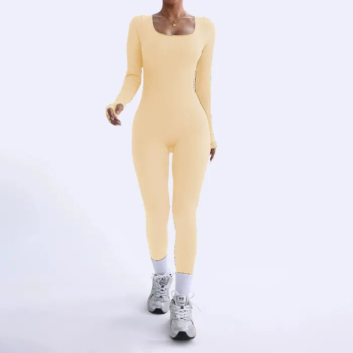 Ribbed knit jumpsuit in soft yellow shown in a clean front view, highlighting stretch one-piece outfit designed for chic everyday styling