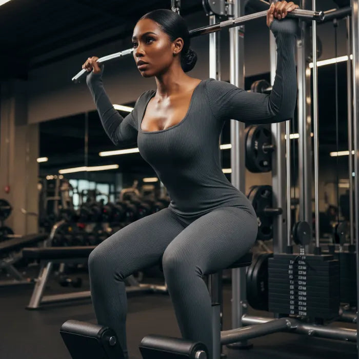Ribbed knit jumpsuit in dark grey during focused strength training at the gym, emphasizing supportive one-piece outfit for powerful movement