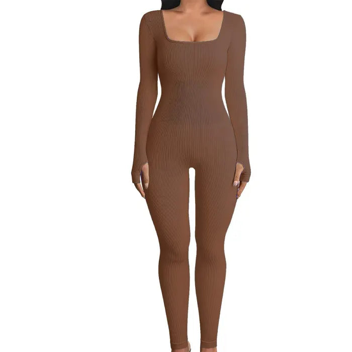 Ribbed knit jumpsuit in rich brown shown front-facing, offering a smooth one-piece outfit ideal for warm-toned, everyday style looks