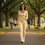 Ribbed knit jumpsuit in soft yellow worn during an outdoor walk in the park, highlighting a comfortable one-piece outfit for active daily style