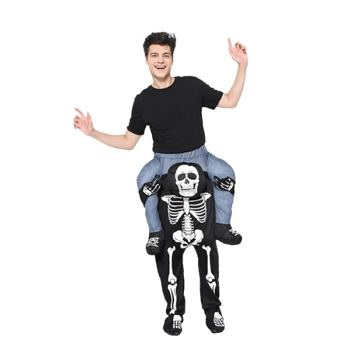 Funny ride on skeleton costume with man raising arms in party pose.