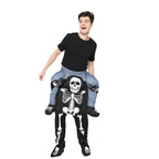 Man posing in ride on skeleton costume with skeleton character illusion.