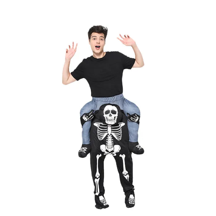 Adult Halloween ride on skeleton costume with man posing surprised.