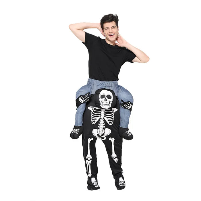 Man wearing ride on skeleton costume with skeleton carrying him illusion.
