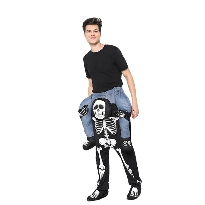 Side view of ride on skeleton costume showing skeleton holding man’s legs.
