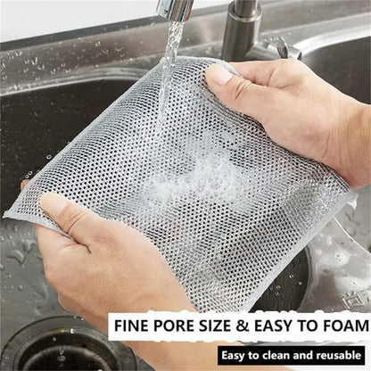 mesh dish cloth being rinsed under running water, showcasing its fine pore size, easy foaming, and reusable cleaning features.