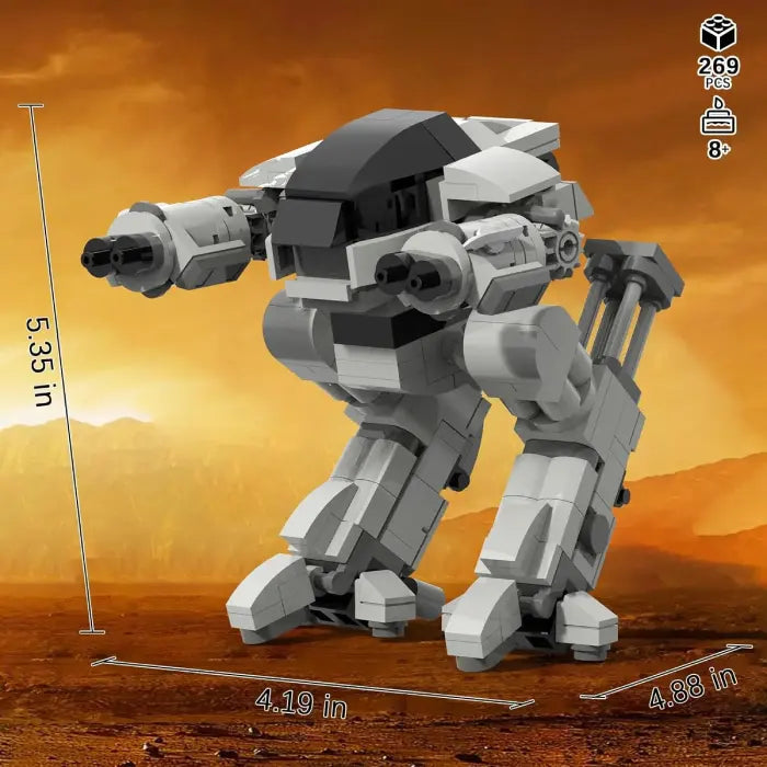 Gray mecha building toy with dimensions of 5.35 x 4.19 x 4.88 inches, set against a desert-themed background.