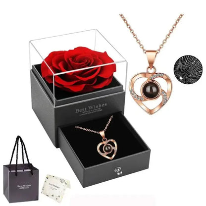 Romantic rose gold necklace gift set with preserved rose.
