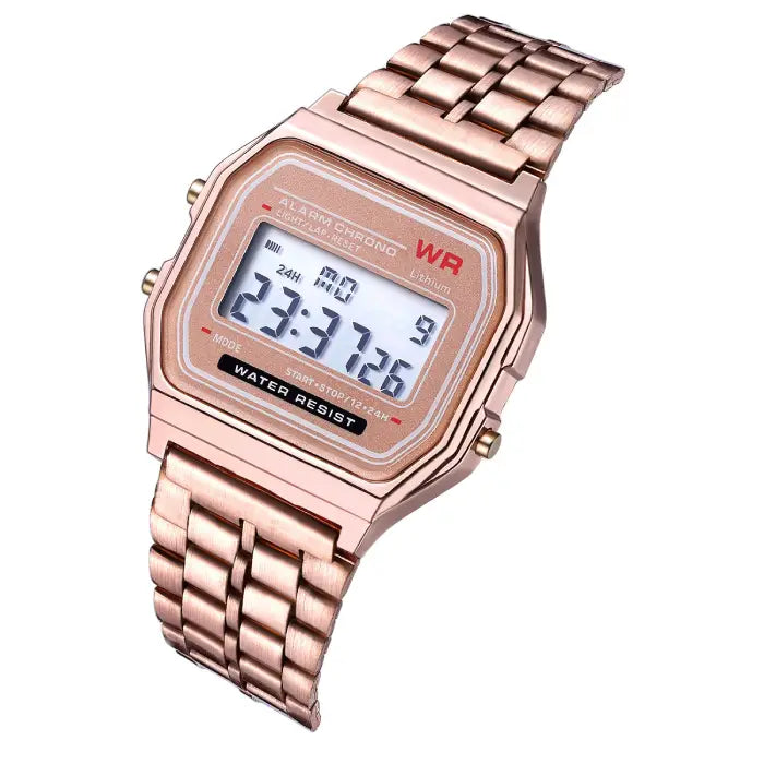 Rose gold digital wristwatch with alarm, water resistance, and clear LCD display on a sleek band.