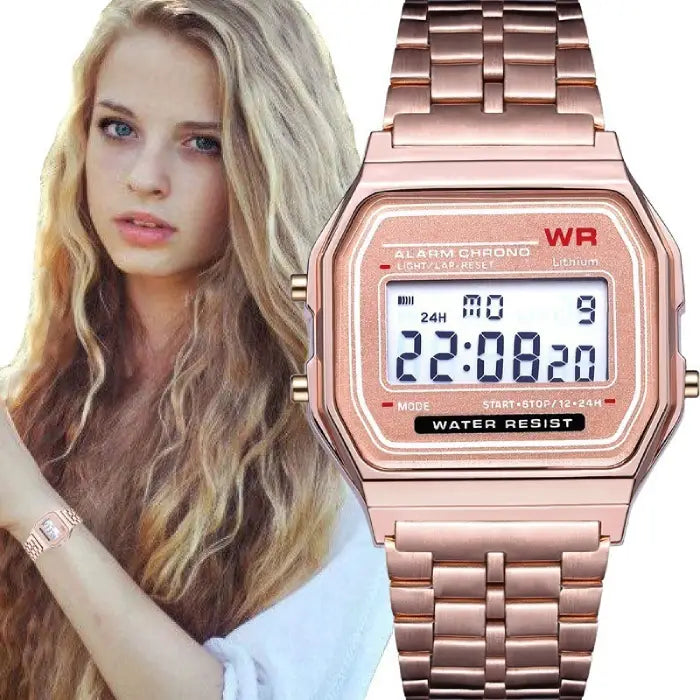 Rose gold digital wristwatch with alarm and water resistance, displayed on a woman’s wrist for style.