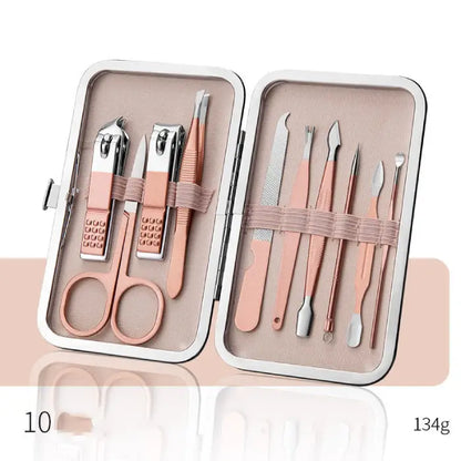 Elegant rose gold 10-piece manicure set in white case with pink interior and stainless steel tools