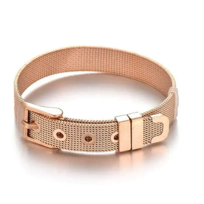 Elegant rose gold stainless steel mesh bracelet with adjustable buckle closure and belt-style design for modern fashion accessories