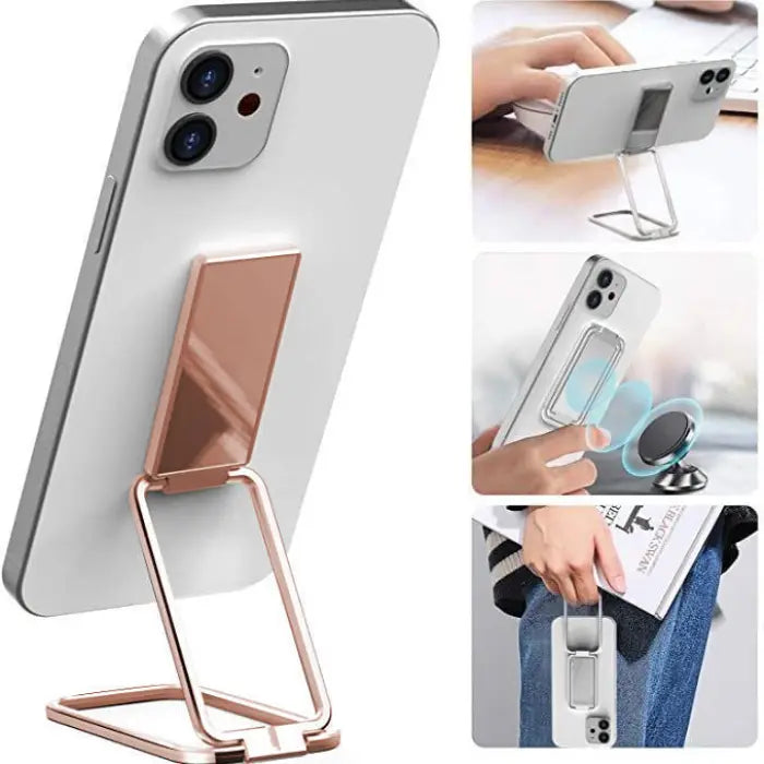 Rose gold phone stand with magnetic mount, adjustable angle, and convenient portable design.