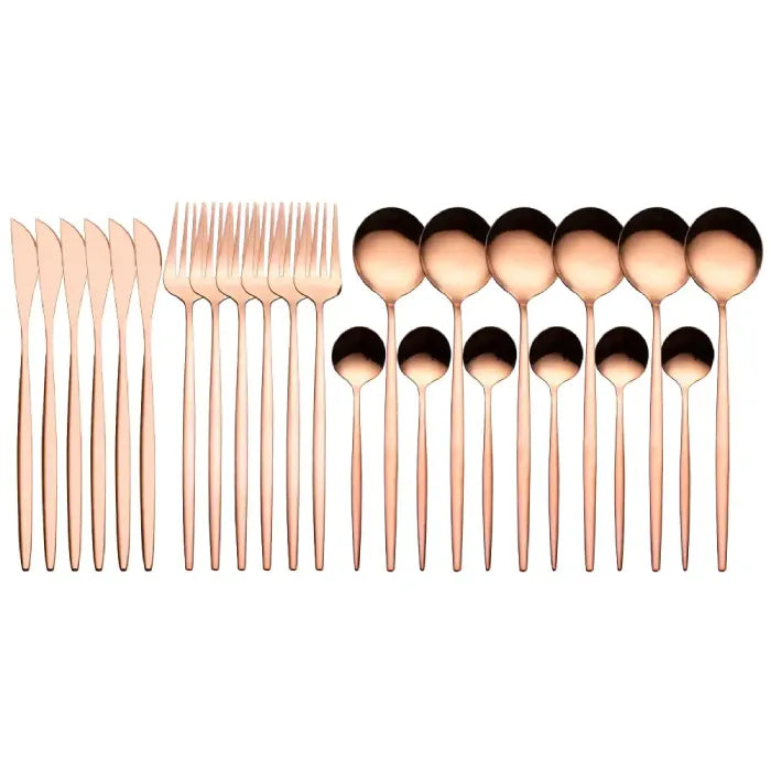 Premium rose gold flatware set featuring modern design knives, forks and spoons